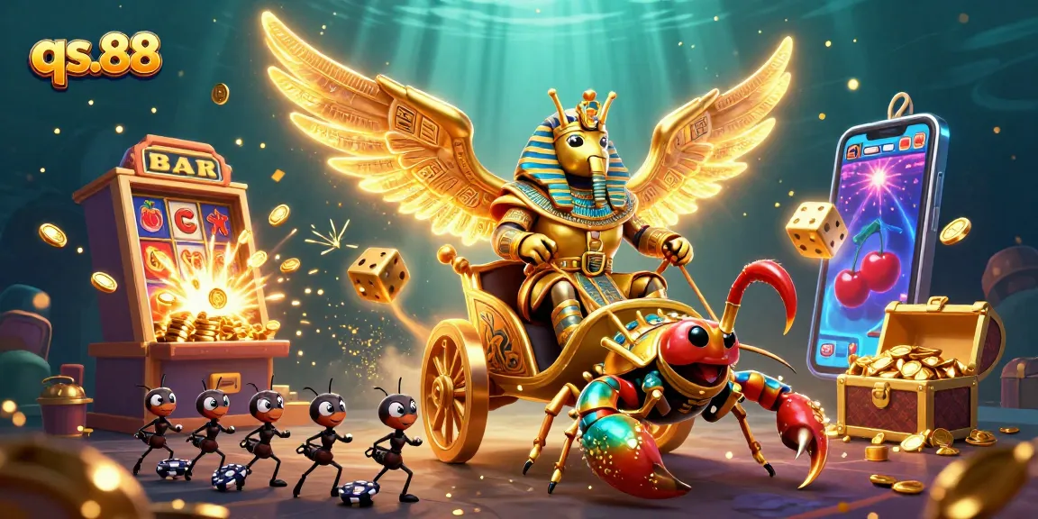 Engage with the dynamic qs.88 casino scene featuring a golden scarab beetle and exciting slot action.