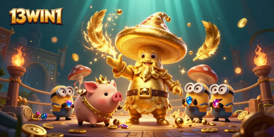 Engage in thrilling gaming with 13WIN1 in this vibrant 3D casino illustration featuring magical creatures.