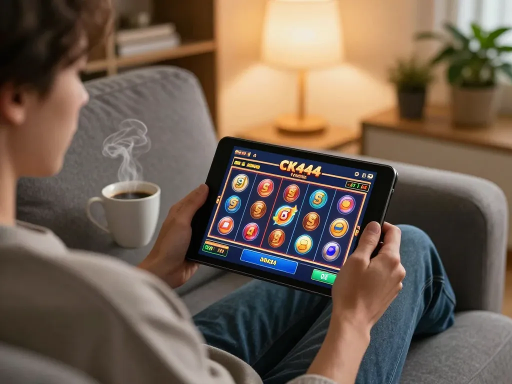 CK444 user enjoying engaging online slots on a tablet in a cozy home setup.
