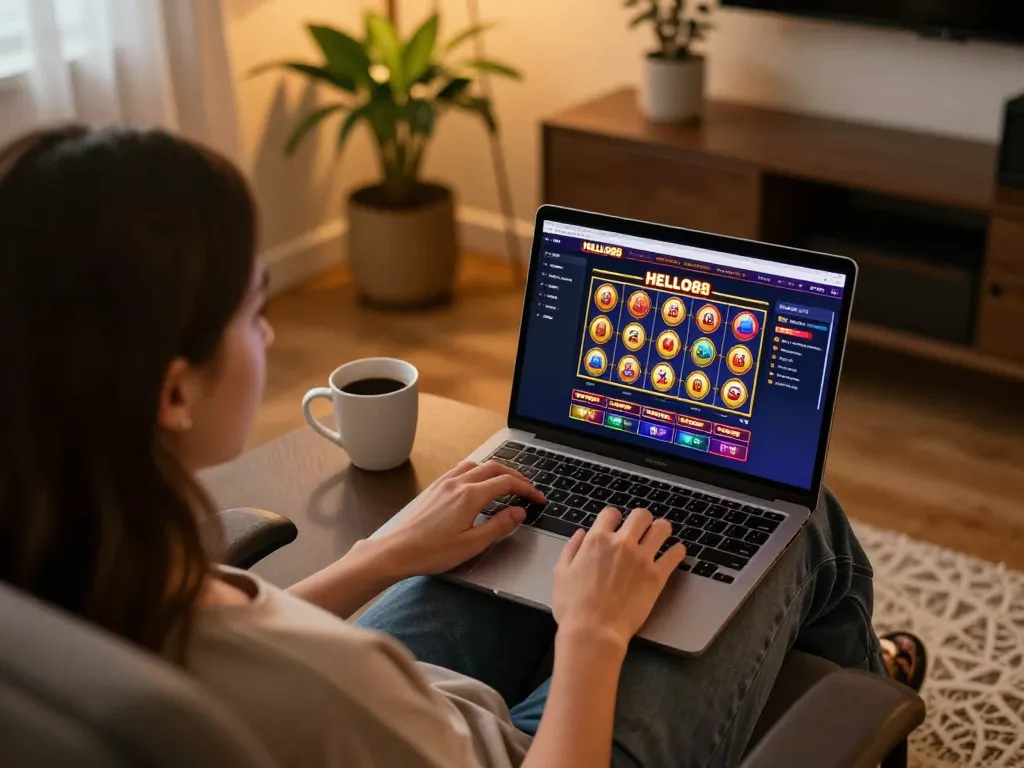 Engaging with HELLO88's online casino interface on a cozy home gaming setup.