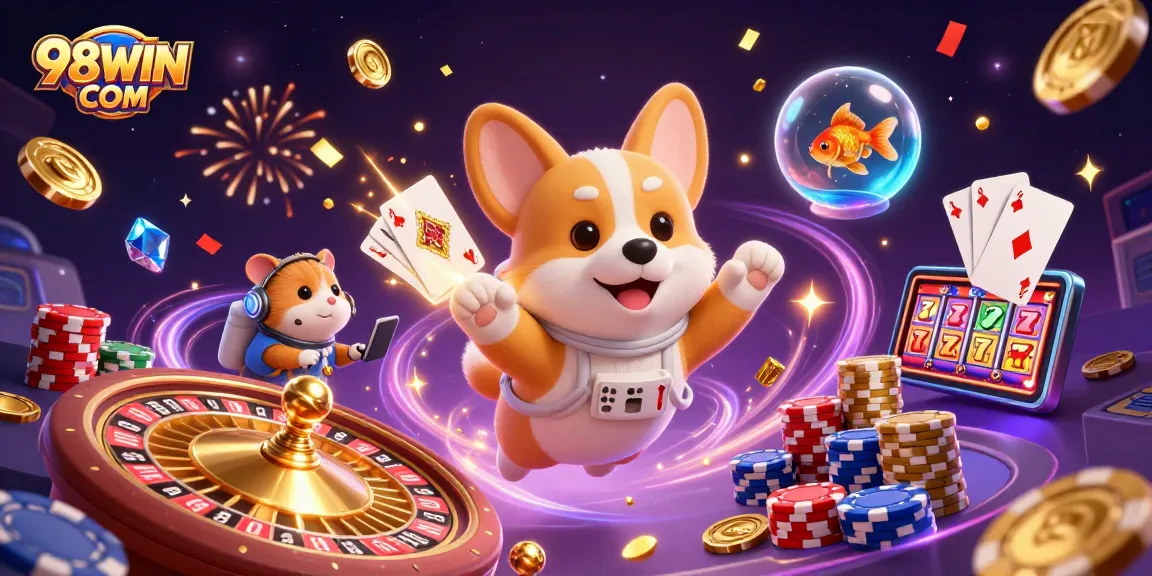 Engage in the thrill of gambling with 98WIN COM, featuring vibrant casino elements in a dynamic space scene.