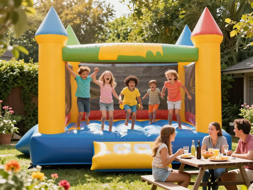 Kids enjoying a bounce castle at a garden party, laughter fills the air.