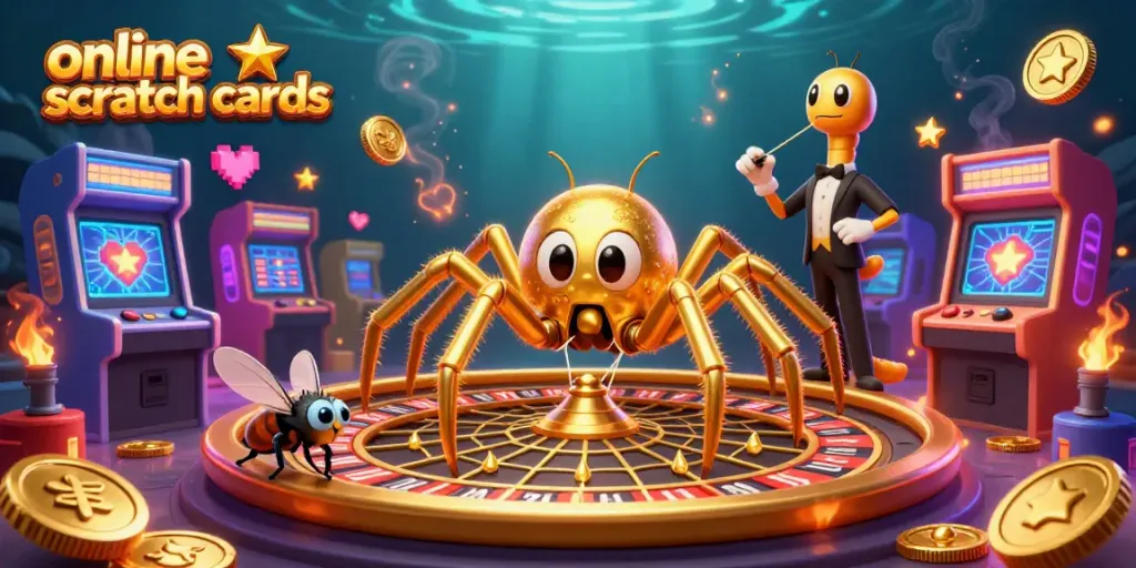 Experience thrilling online scratch cards with a dynamic scene filled with exciting game elements, including a golden spider and centipede croupier.