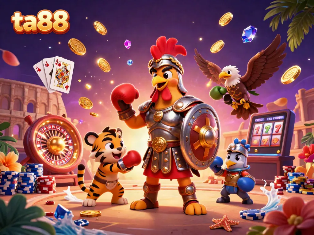 Experience thrilling gameplay at ta88 with a dynamic 3D casino illustration, featuring vibrant gaming elements and characters.