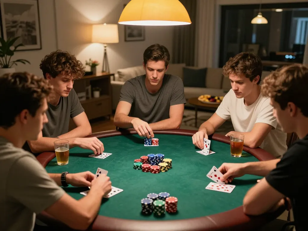 Engaged group of friends playing poker at home, showcasing fun and strategy with LINK MI88 as the focus of the evening.