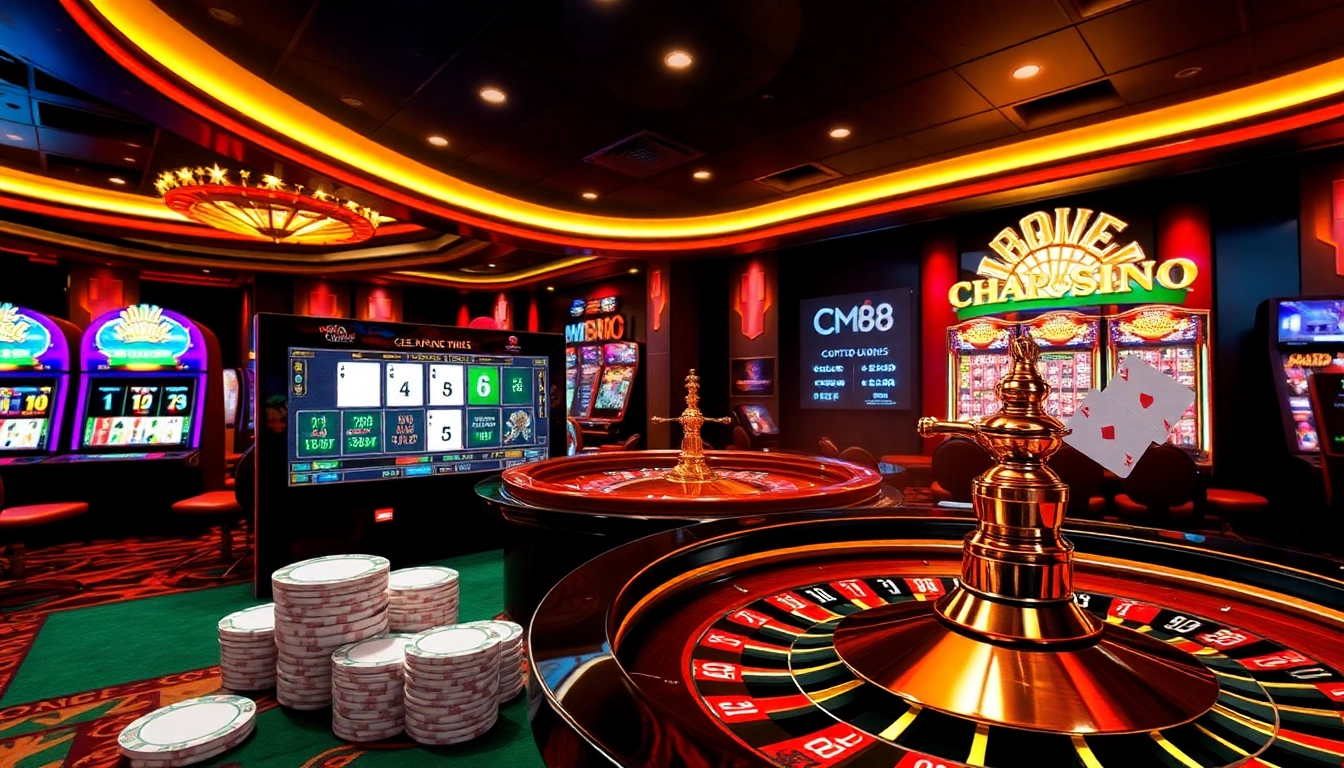 Experience CM88’s thrilling online gambling scene with vibrant poker chips and spinning roulette wheel.