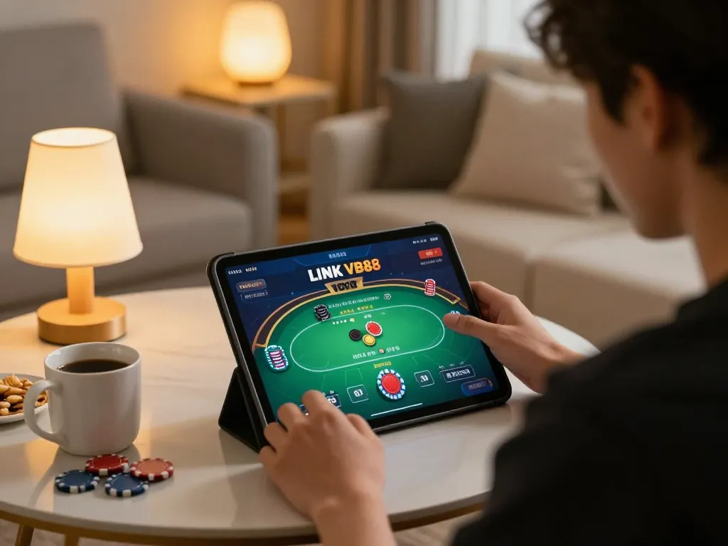 Engage in online casino gaming with LINK VB88 on a tablet in a cozy home environment