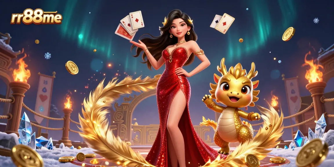 Experience thrilling gaming action at rr88me with a captivating Asian woman, golden dragon mascot, and vibrant casino elements.