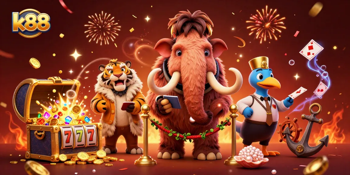 Experience thrilling gameplay at k88 with a vibrant 3D casino scene featuring exciting characters.