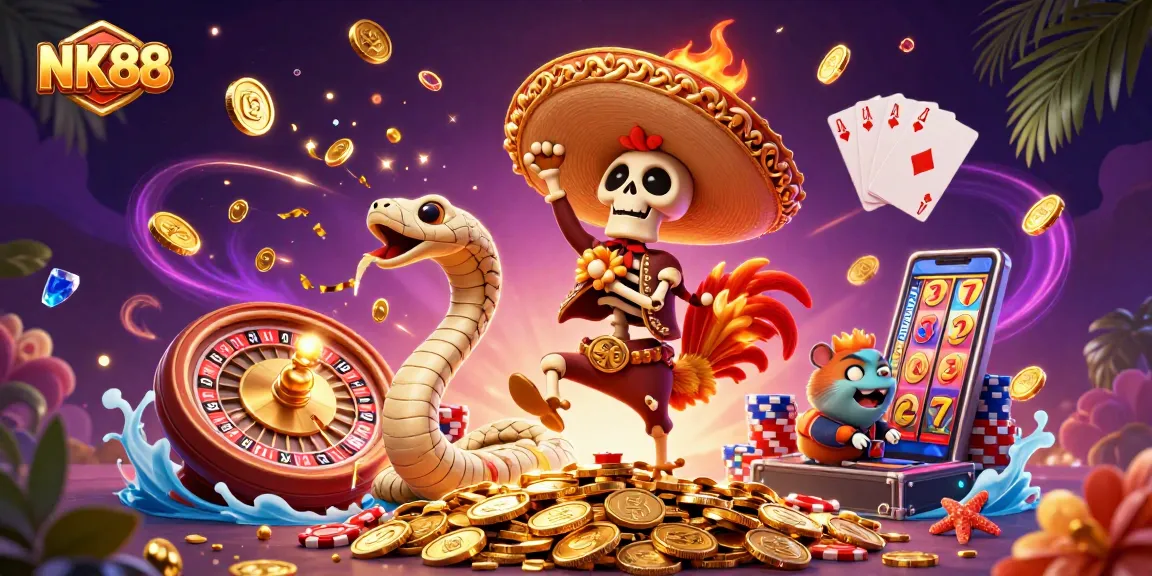 Experience excitement at NK88 with a lively 3D casino scene featuring festive characters and spinning roulette.