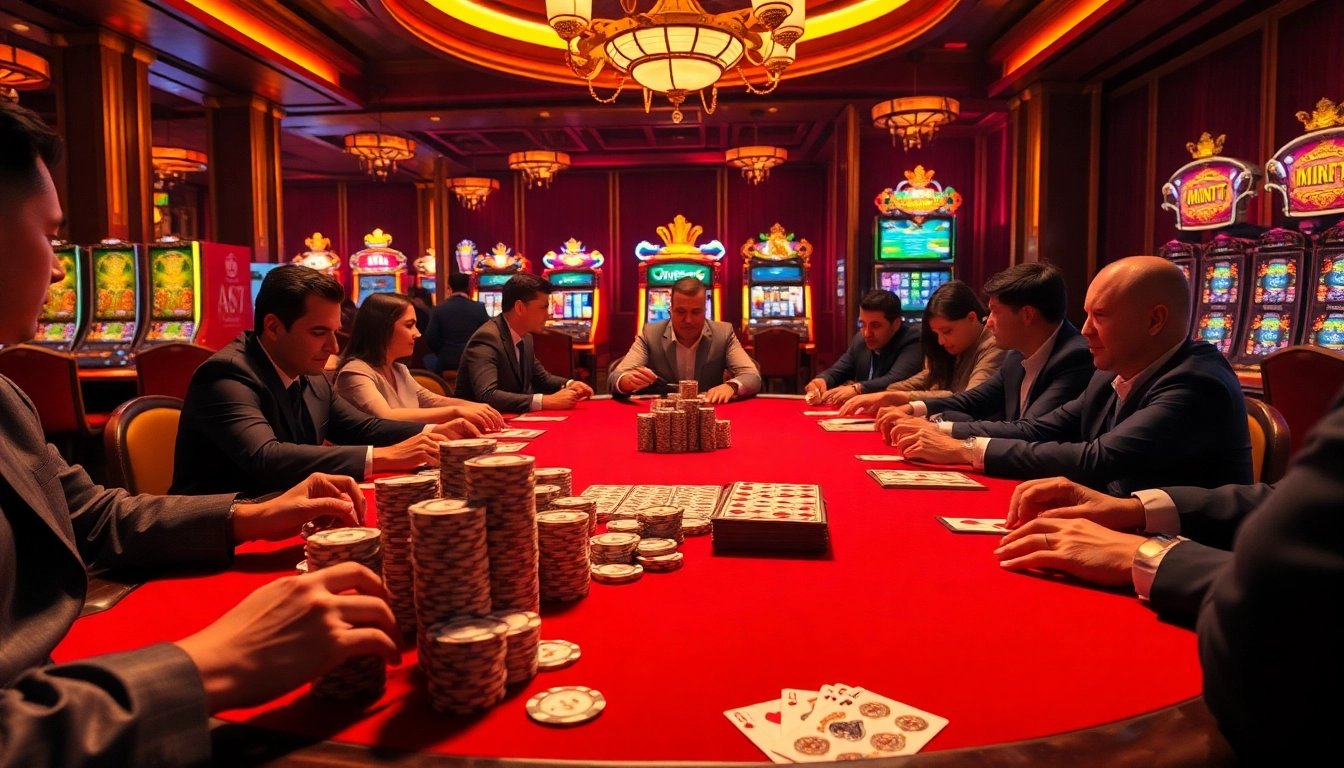 Players enjoying a thrilling poker game surrounded by vibrant mint88-themed casino decor.