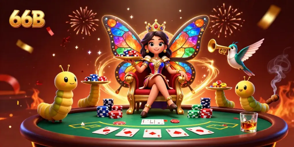 Engage with the vibrant 66B casino scene featuring a butterfly queen and poker elements.