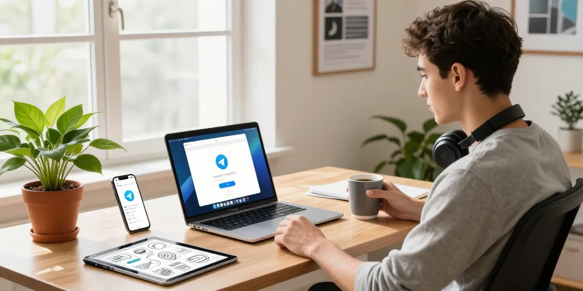 Telegram download in a modern home office with laptop and smartphone notifications.