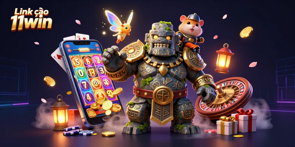Engage with Link vào 11win slots and games, featuring vibrant 3D illustrations of a magical golem and daring companions.
