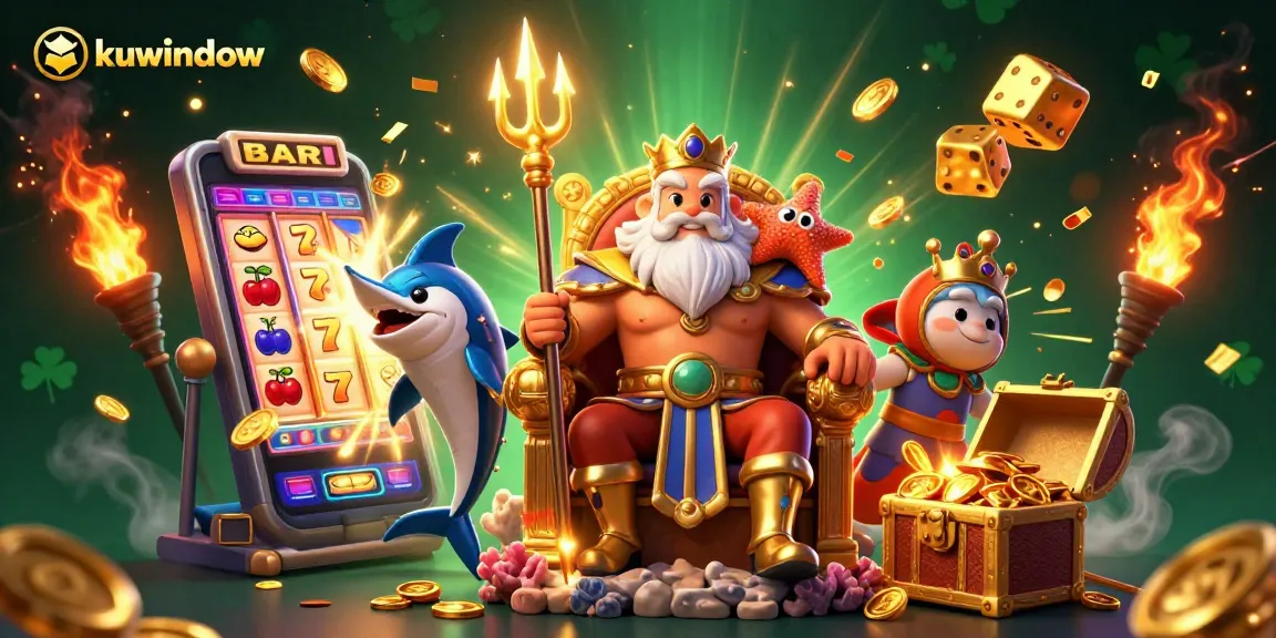 Experience thrilling jackpots with kuwindow's vibrant 3D casino scene featuring Neptune and exciting game elements.