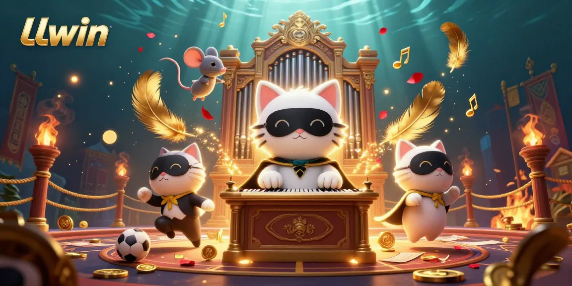 LLwin enhances gaming excitement with a whimsical scene of a cat at a casino organ amidst sports betting elements.