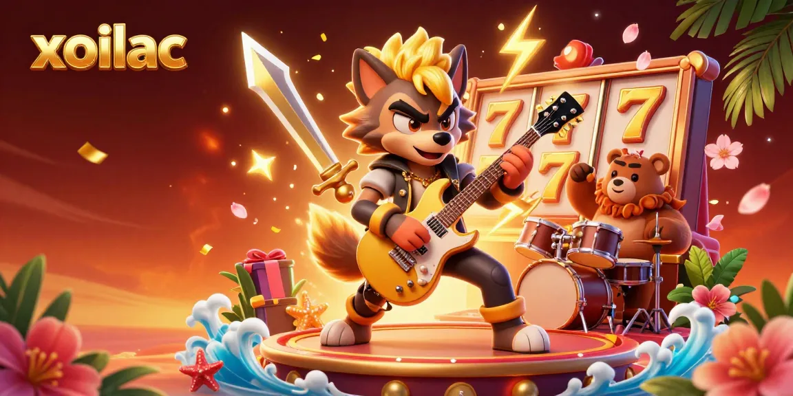 Xoilac rock star wolf and drummer bear create dynamic energy at a lively casino performance scene.