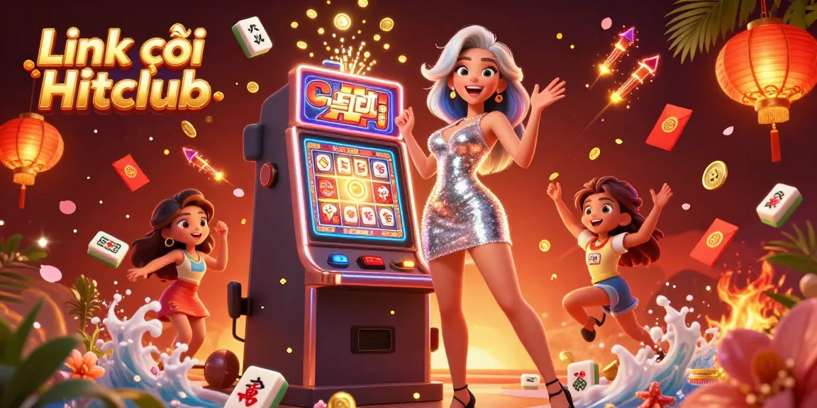 Win big at Link vào Hitclub with a vibrant casino scene showcasing excitement, neon lights, slots, and jackpots.