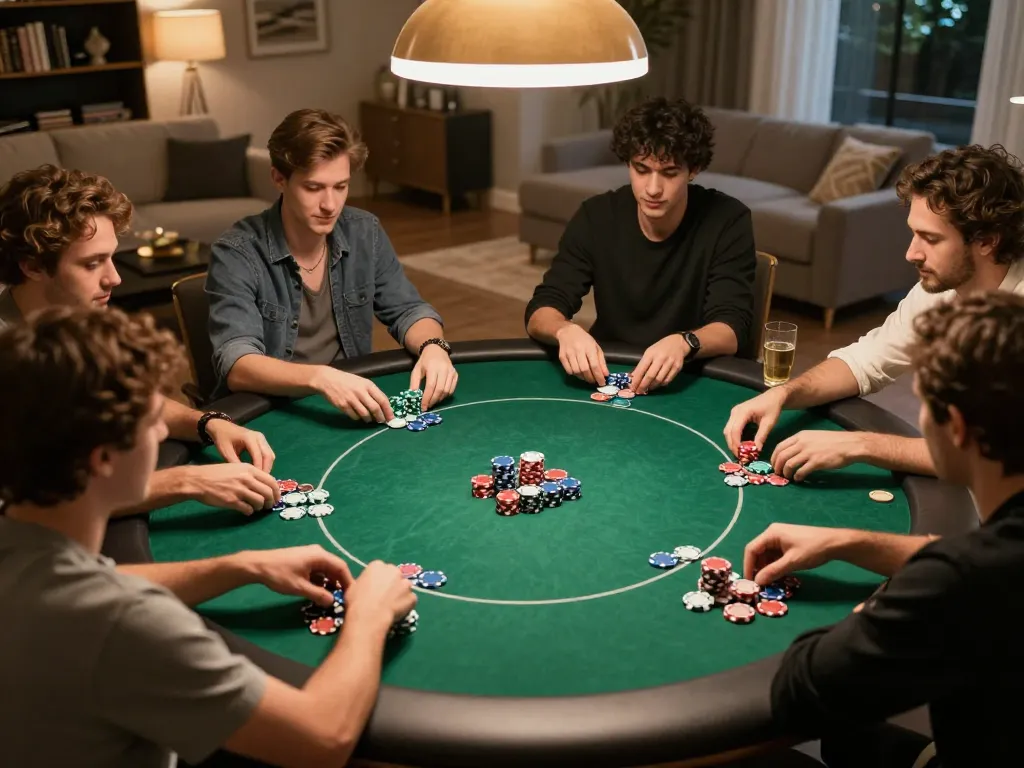 TG88 players enjoying a competitive poker night in a cozy home setting, focused on strategic gameplay.