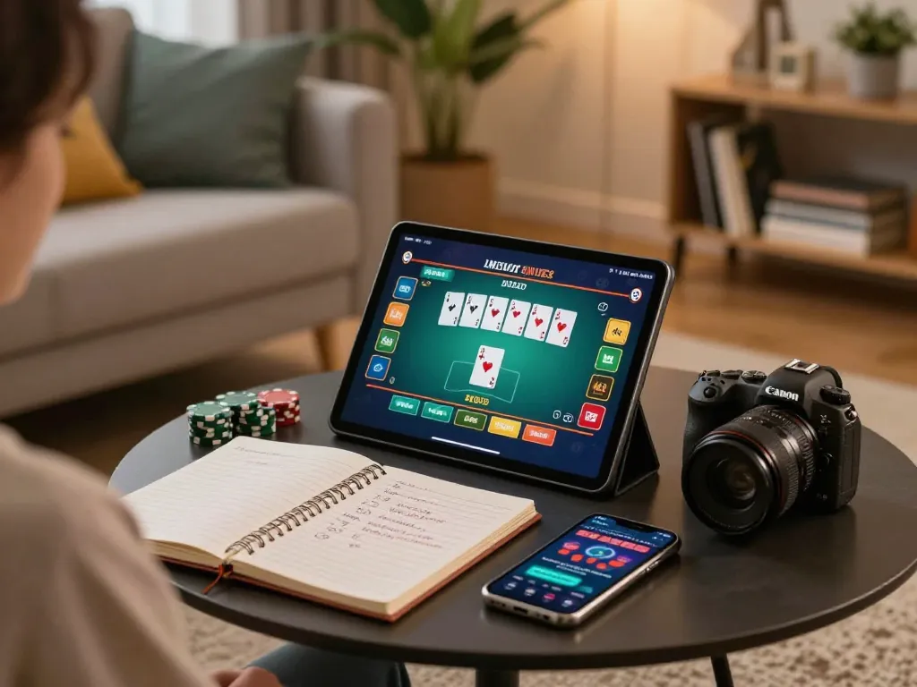 Playing poker on a tablet during a cozy evening at home, 98WIN gaming excitement