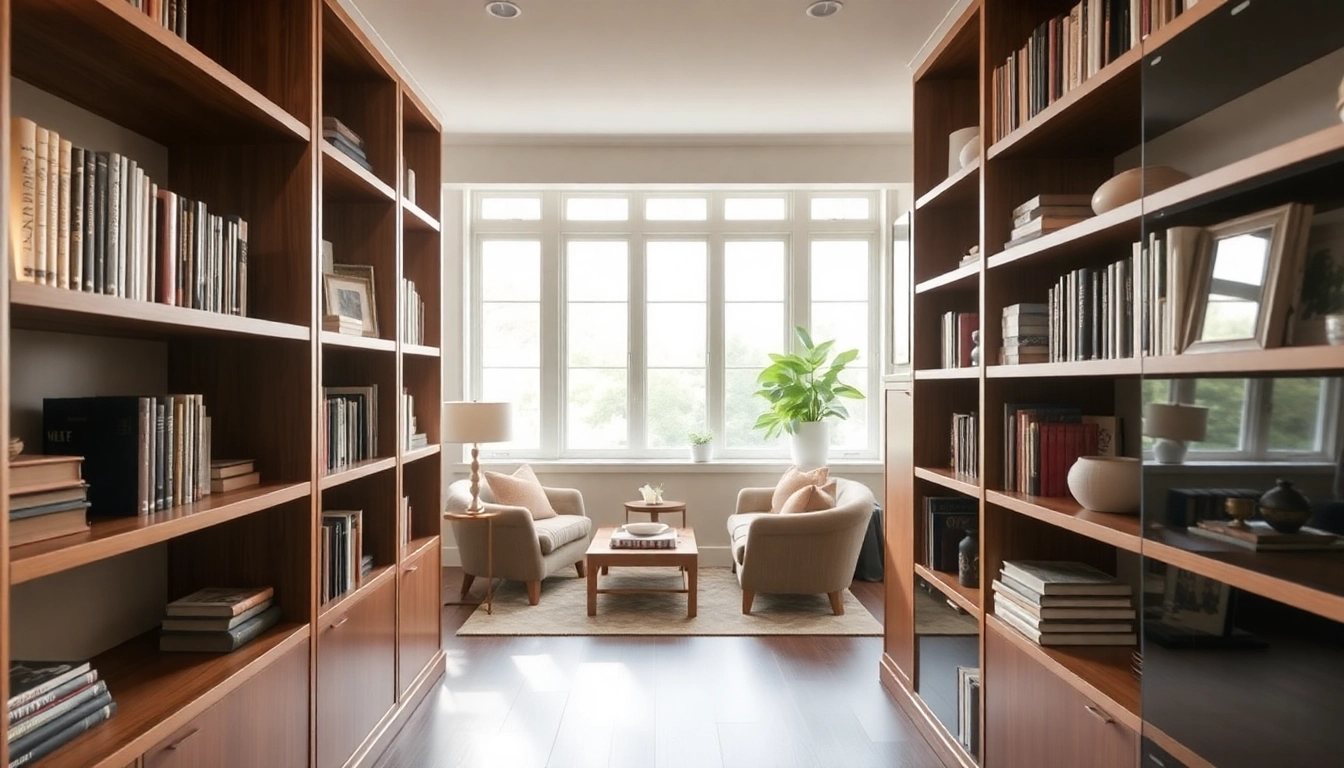 Built-in shelving contractor Westchester creating elegant wooden shelving solutions in a cozy interior.