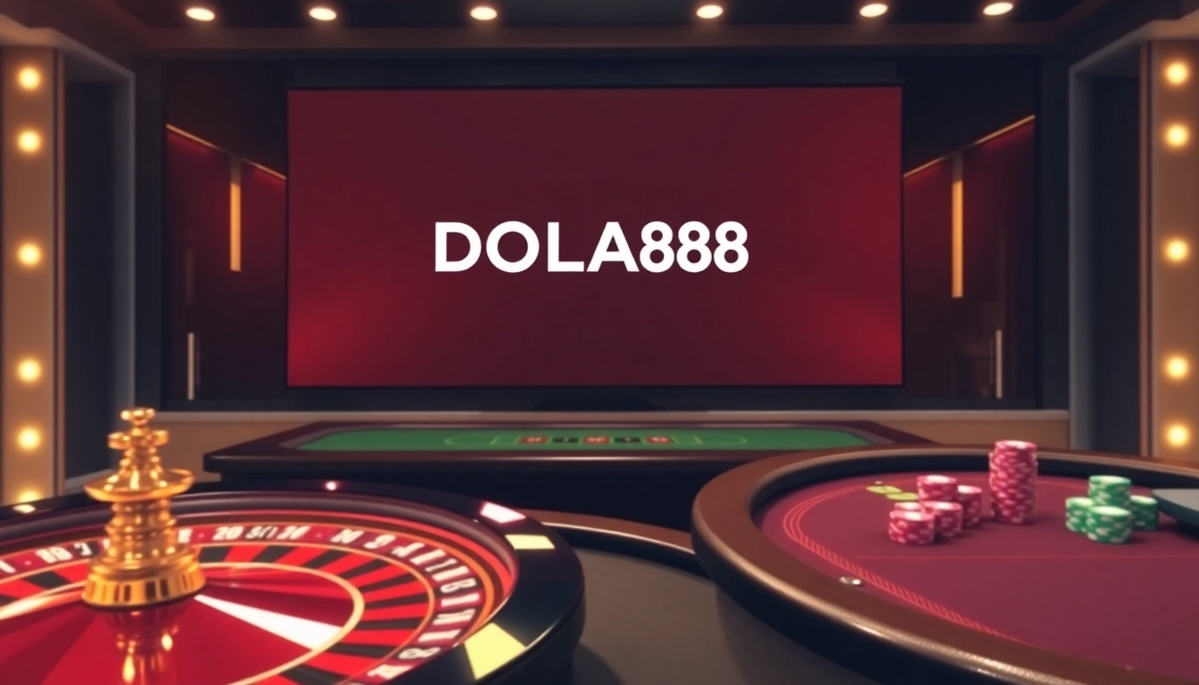 DOLA88 online gambling interface with a vibrant roulette wheel and poker table showing lively gameplay.