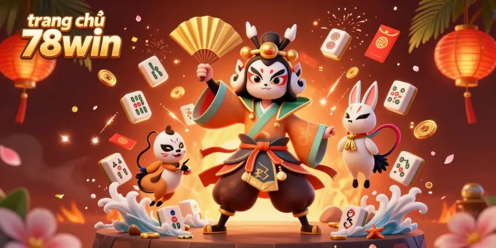 Engage with the vibrant world of trang chủ 78win through this lively 3D casino illustration, featuring a kabuki warrior and traditional gaming elements.