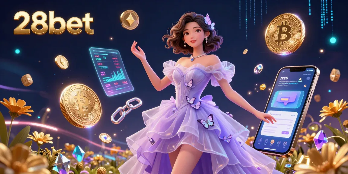 Engage with 28bet's gambling experience through an enchanting 3D casino illustration featuring vibrant crypto elements.