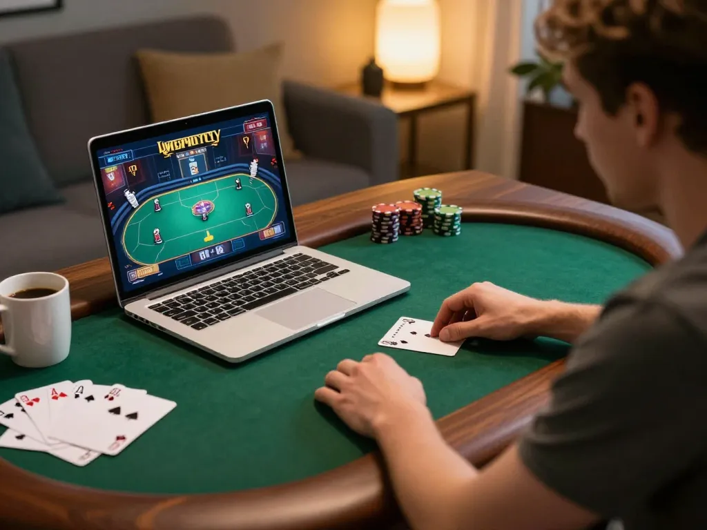 Player engaging in online poker on trang chủ xx88 from a cozy home environment, highlighting strategic gameplay.