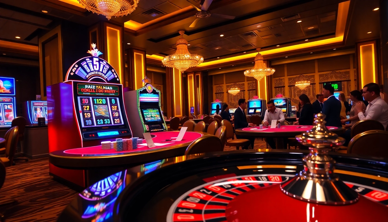 Nà cái Nohu90 offers thrilling gaming with roulette and slot machines in a vibrant casino atmosphere.