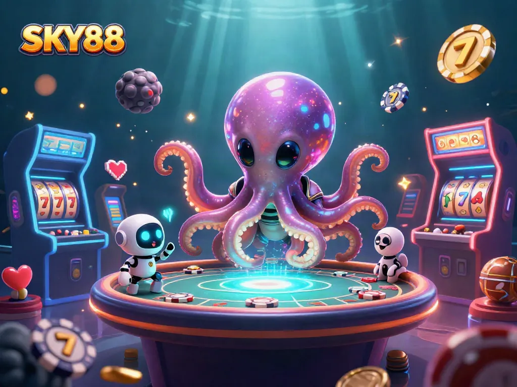 Participate in thrilling gaming at SKY88 with a vibrant alien octopus at a holographic poker table.