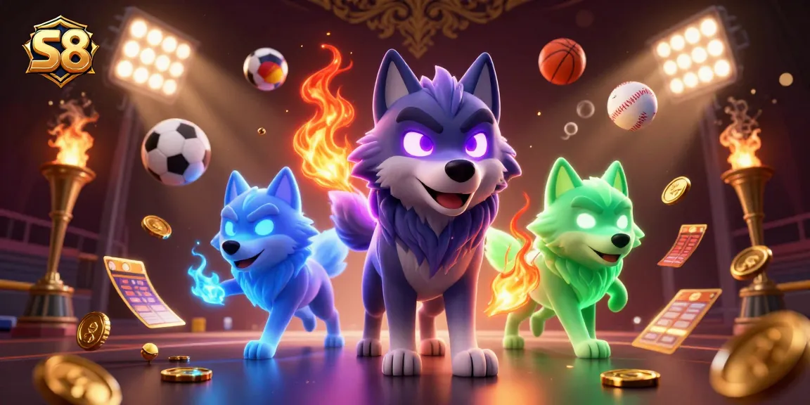 S8 casino scene showcases an energetic wolf pack leader amidst gaming elements, embodying excitement and dynamic betting.