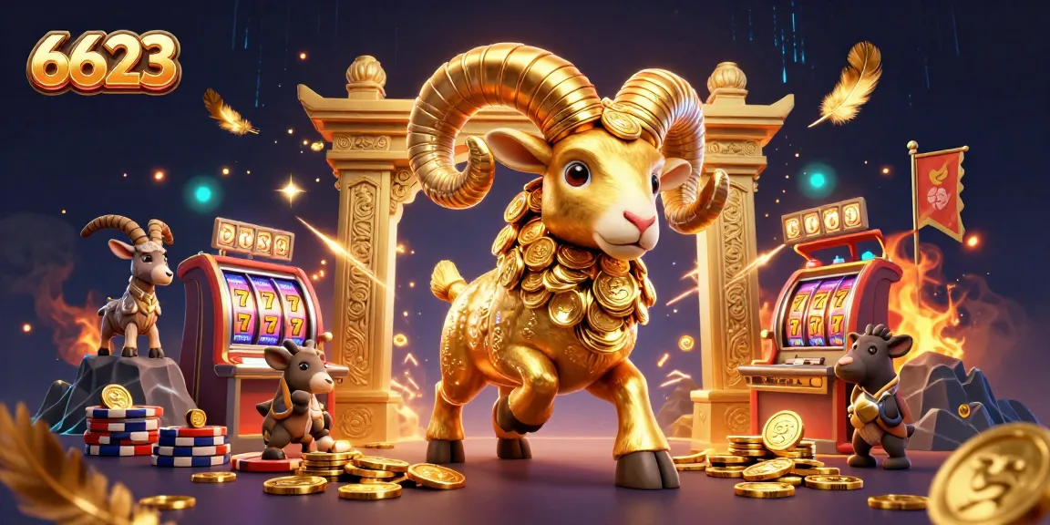 Experience thrilling gameplay with 6623, a vibrant casino scene featuring a golden ram amidst slot reels and tokens.