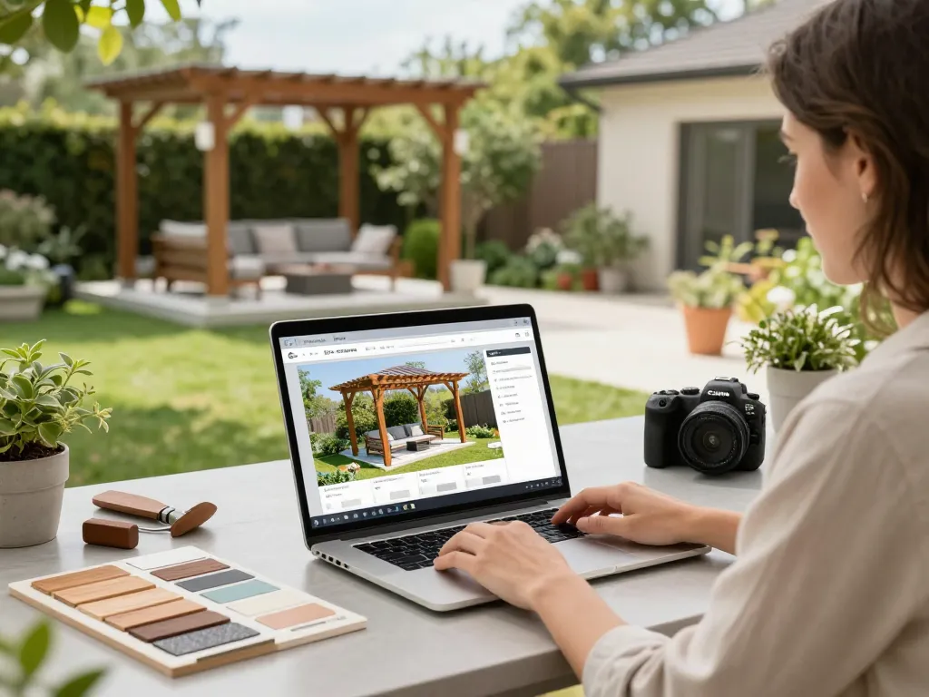 Designer using pergola sales software to customize a 3D model in a sunny garden.