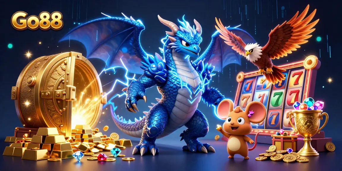Experience the thrill of Go88 with a vibrant 3D thunder dragon and rich casino treasures.