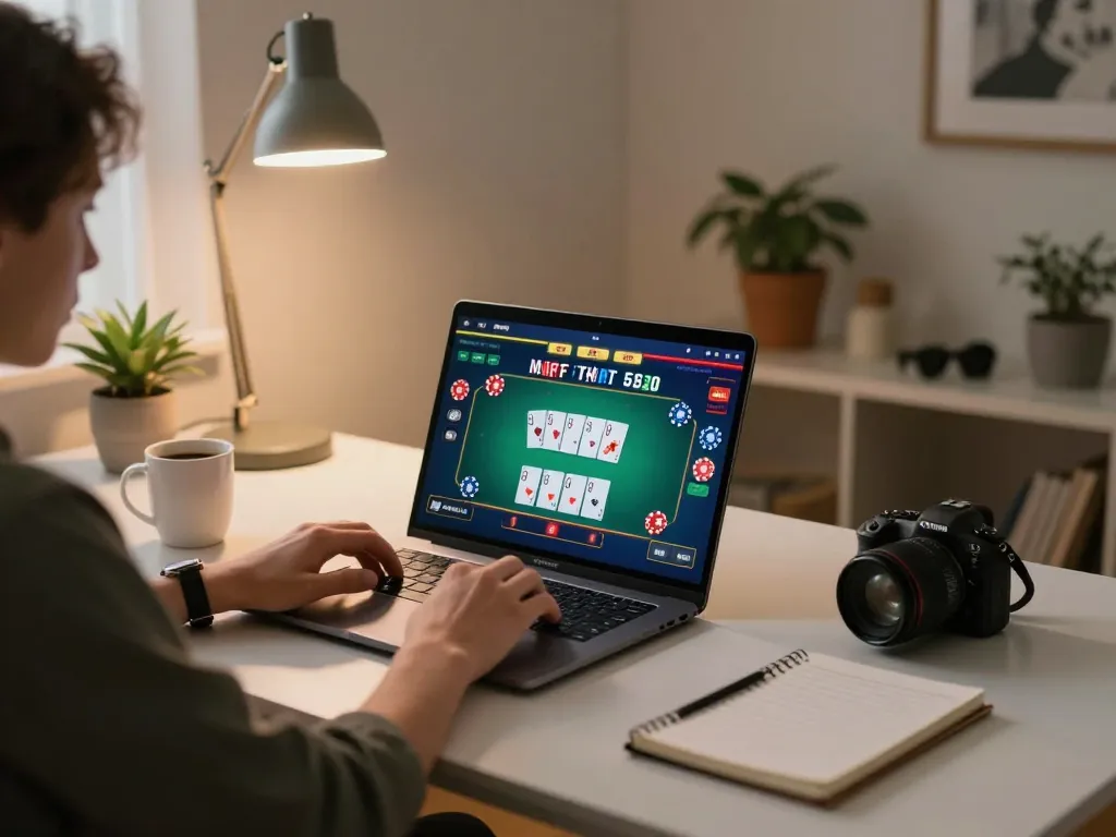 Engaging in online poker games with link fly88 on a laptop at a stylish gaming setup.