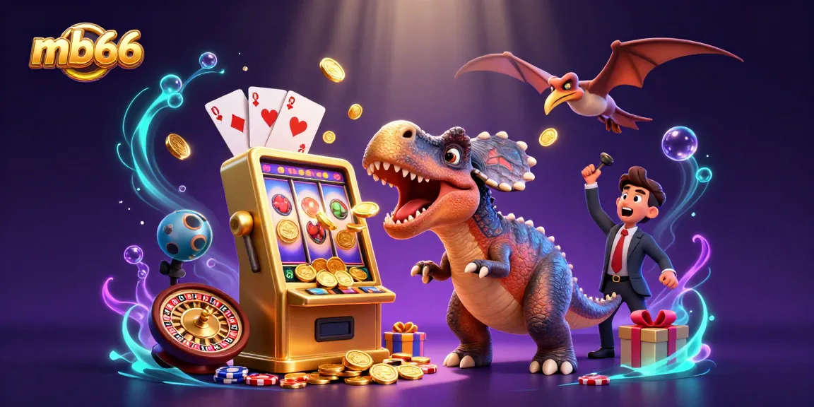 mb66 casino features a pachycephalosaurus hitting a slot machine for jackpots, surrounded by flying coins.