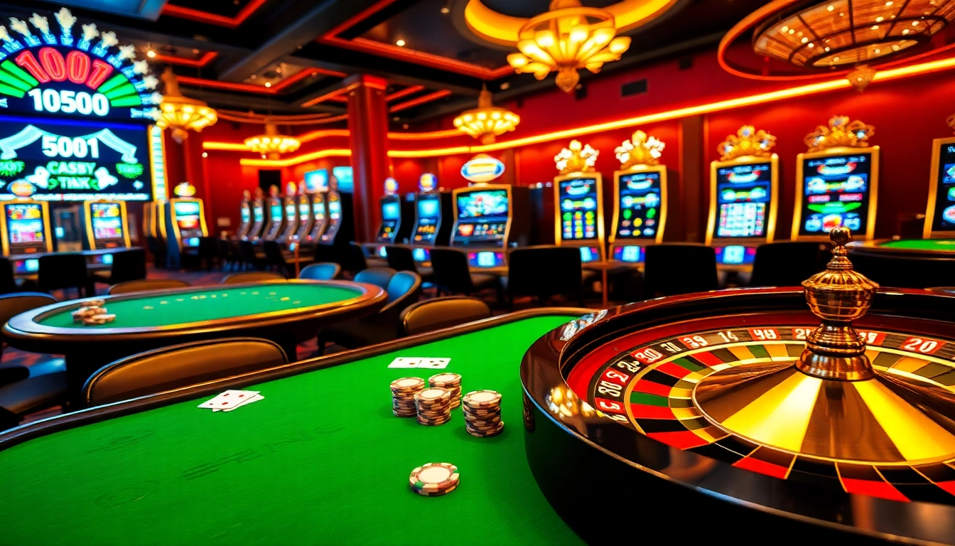 Players enjoying a vibrant gambling scene at Lucky88 casino with poker tables and slot machines.
