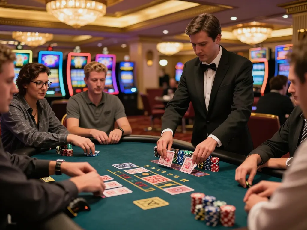 Players enjoying a thrilling blackjack game at a casino, featuring Co88 chips and dealer action.