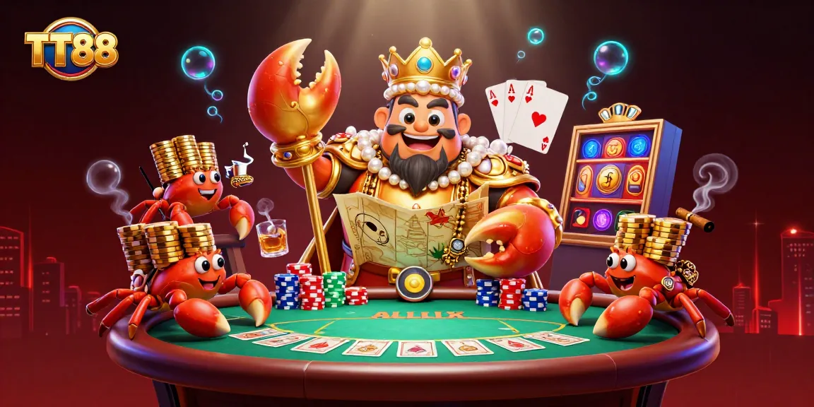 Engage with TT88's vibrant casino scene featuring the golden crab emperor in action at a dynamic poker table.