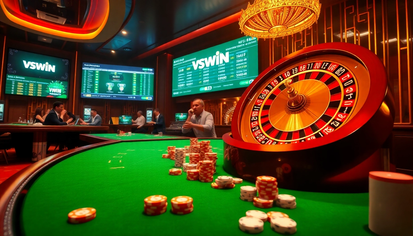Thương hiệu vswin showcases an exciting online gambling scene with vibrant chips and a roulette wheel.