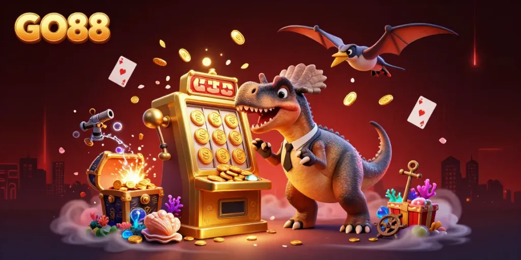GO88's dynamic casino scene with cartoon dinosaurs celebrating jackpot wins amid flying coins.