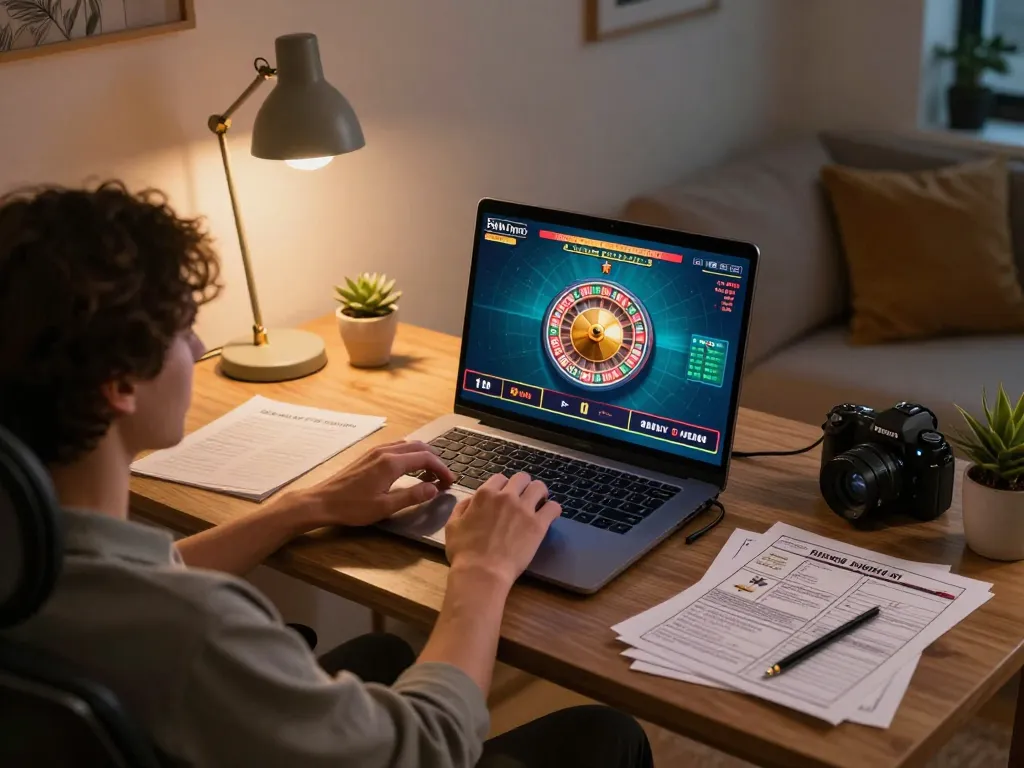 Player enjoying KP88 online casino game with live dealer visible on screen, cozy home setting.