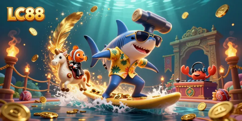 LC88 showcases a vibrant casino scene with a hammer-head shark surfing gold coins, emphasizing exciting gambling adventures.