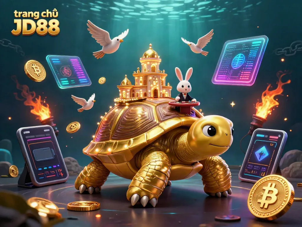 Place bets at trang chủ JD88 with a vibrant cartoon casino scene featuring a golden tortoise and rabbit dealer.