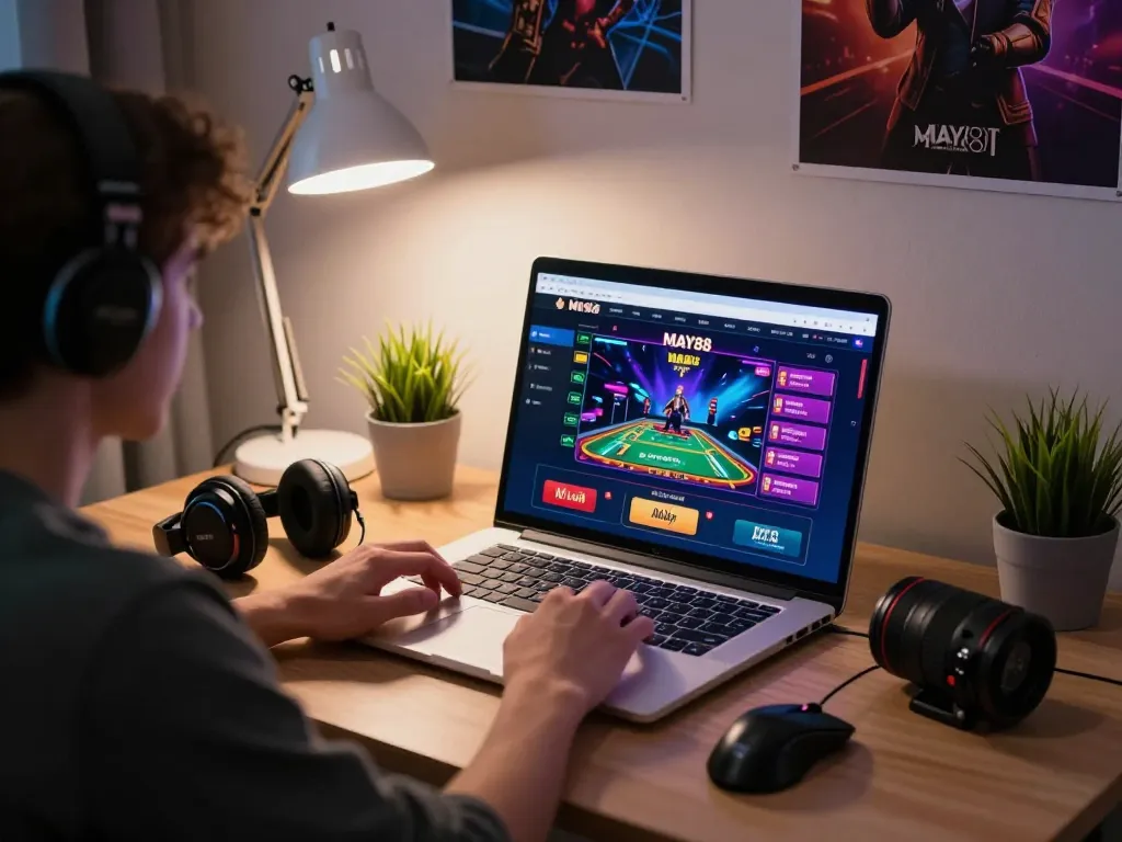 MAY88 online gaming setup with a laptop displaying vibrant casino interface, headphones, and gaming accessories.