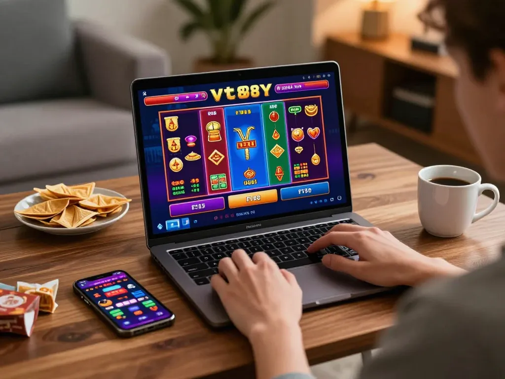 Player engages in online vt88 casino gaming while enjoying snacks and a cozy atmosphere.