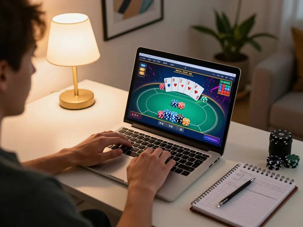 Engage with go8 online gaming session featuring vibrant poker gameplay on a sleek laptop.
