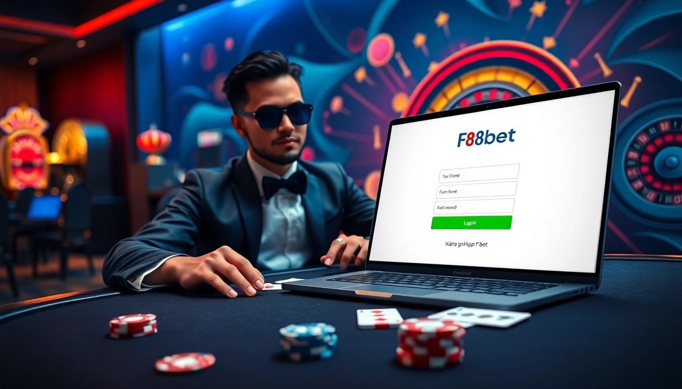Experience the thrill of Đăng nhập F8bet at a luxurious online casino setup, featuring poker and gaming elements.