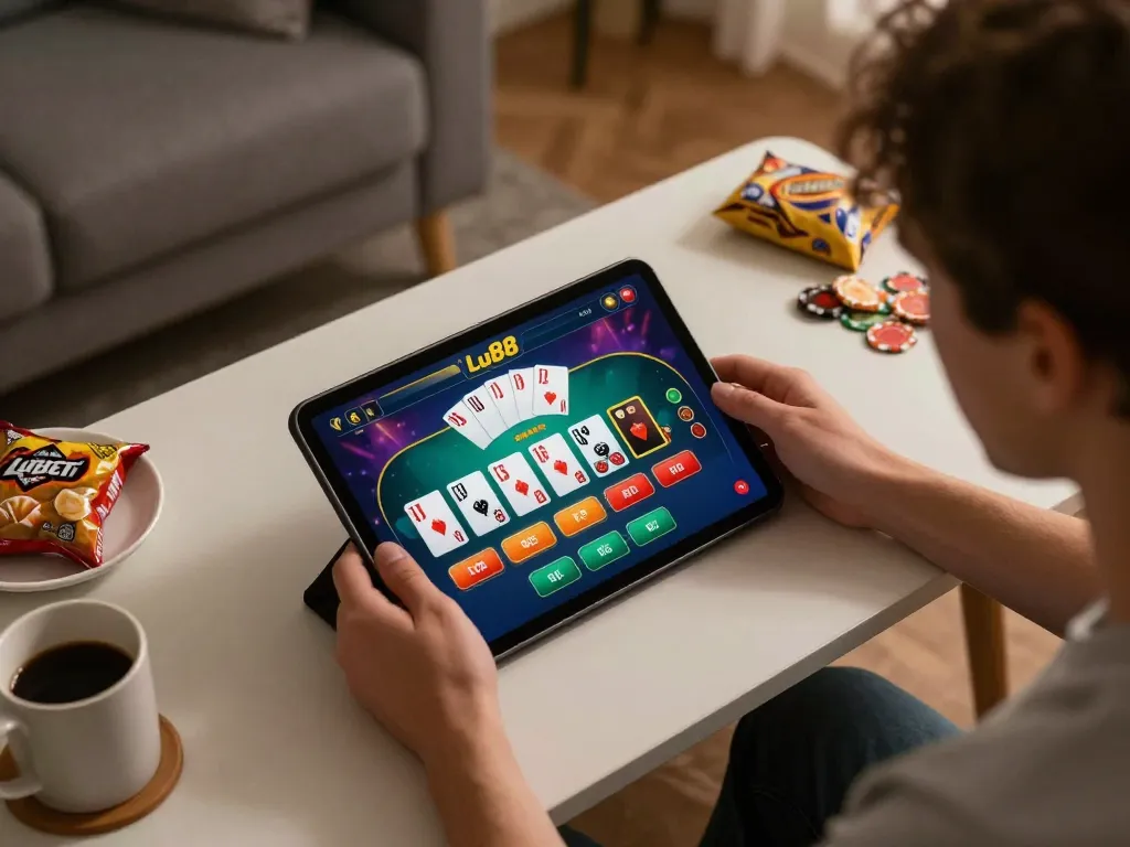 Player engaging with Lu88's exciting poker game on a tablet in a cozy home setting.